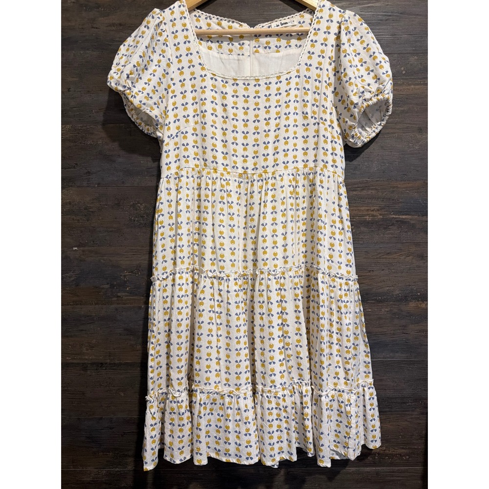 In Loom Tiered Babydoll Dress Yellow Blue Olive Print Puff Sleeve ILD4162 Medium